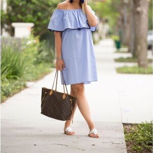 J.Crew Tipped Off The Shoulder Dress In End On End Cotton Blue Shift